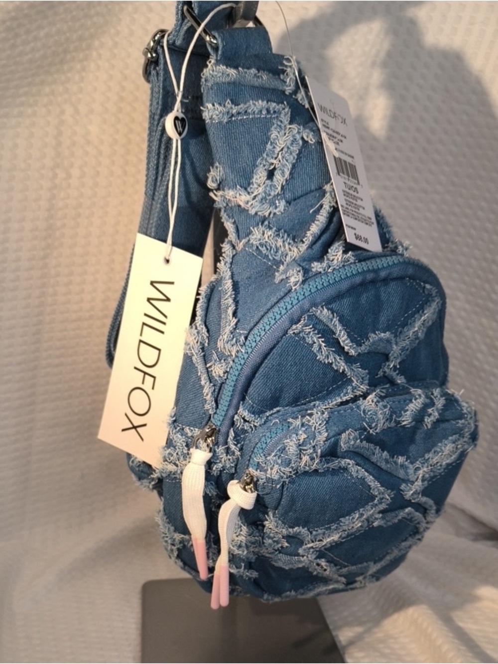 Wildfox Frayed Denim Blue Mini Backpack Crossbody